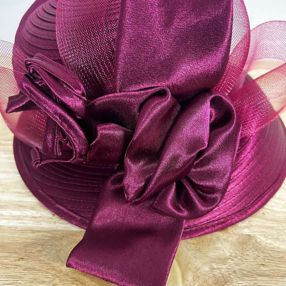Vintage Style Burgundy Church Hat Women Kentucky Derby Satin Bow Mesh Brim - Picture 3 of 8